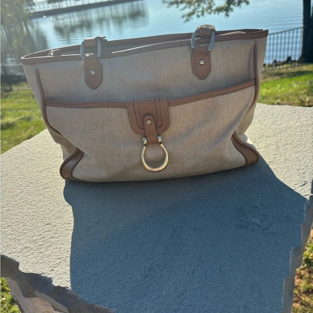 Etienne Aigner Canvas & Leather Tote Bag – Neutral Classic Shoulder Bag